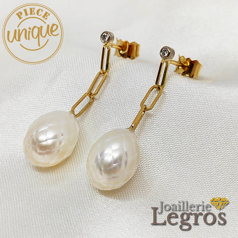Bijou Boucles Perles blanches facettées et diamants - boucles d'oreilles en or jaune 18 carats joaillerie legros bijouterie