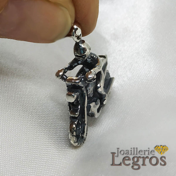 Pendentif Moto Biker En Argent 925 – 19x11 Mm – Pour Collier Homme – Amulette Style Motard