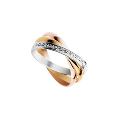 Bijou Alliance 3 ors femme originale à 3 anneaux entrelacés finition diamantée en or jaune, rose et blanc 18 carats joaillerie legros bijouterie