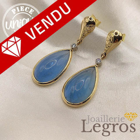 Bijou Boucles d'oreilles aigue marine or jaune 18 carats et ses 2 diamants joaillerie legros bijouterie