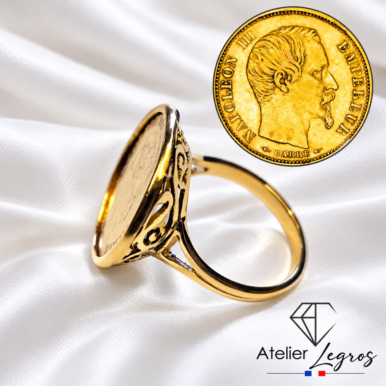 Bijou Bague porte pièce Napoléon 10 francs Louis d'or panier joaillerie legros bijouterie