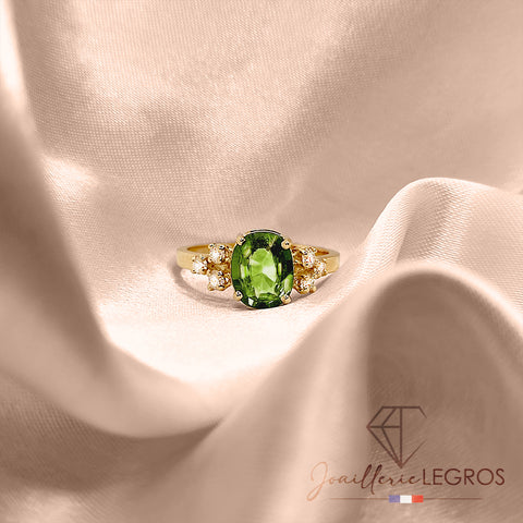 Bague Saphir Vert Ovale et Diamants – Or Jaune 18k Bijou