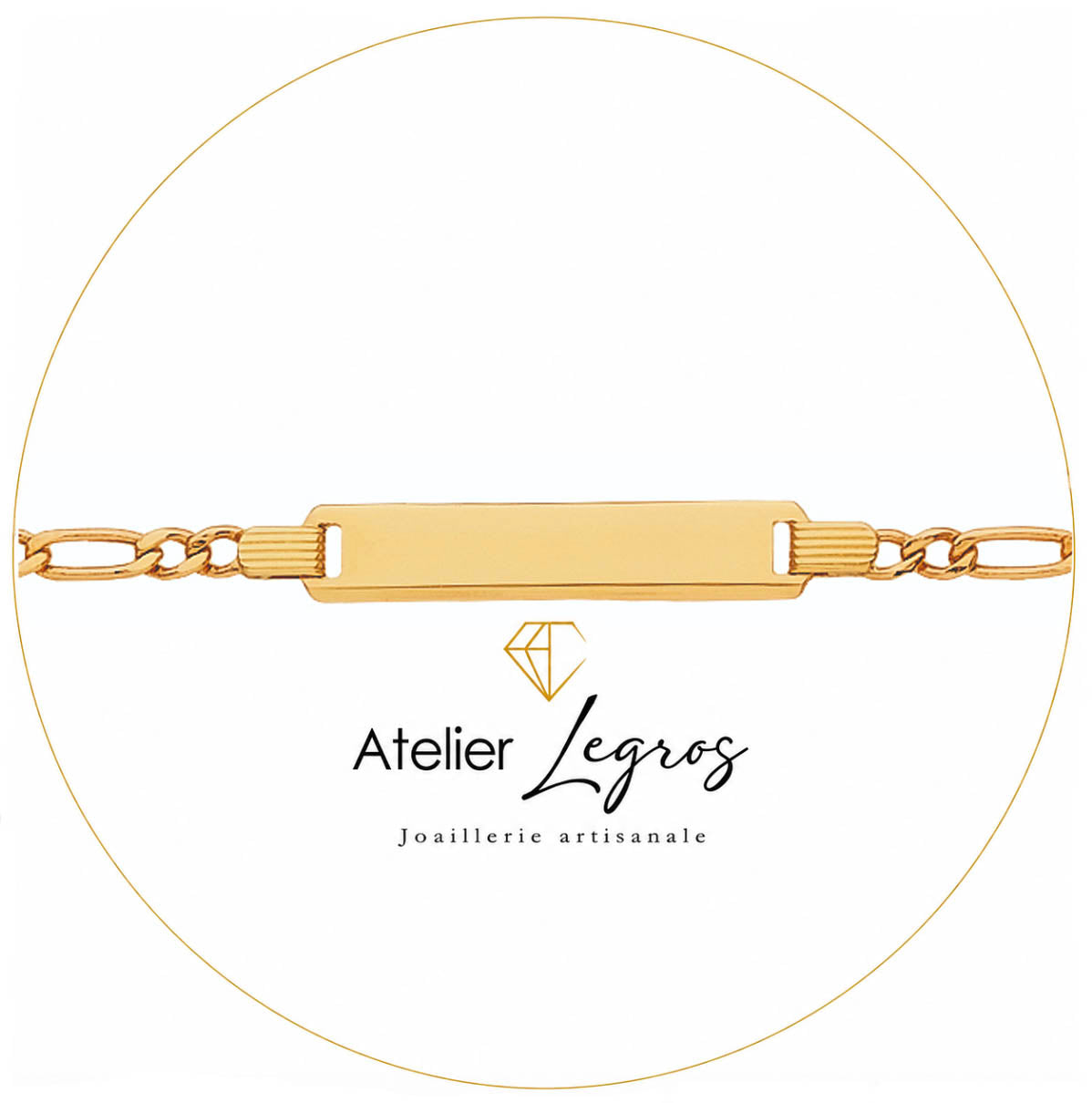 Bijou Gourmette personnalisée enfant ado bracelet prénom plaque rectangulaire diamantée biseautée maille Figaro Or jaune 18 carats joaillerie legros bijouterie