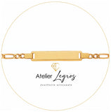 Gourmette personnalisée enfant ado bracelet prénom plaque rectangulaire diamantée biseautée maille Figaro Or jaune 18 carats
