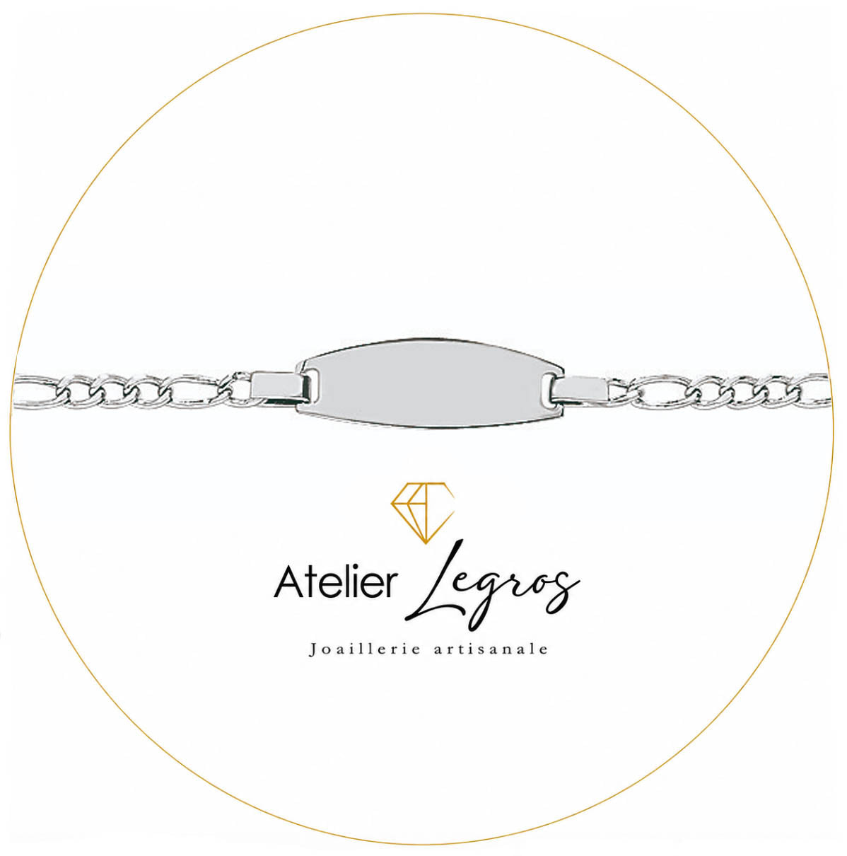 Bijou Gourmette personnalisée bébé bracelet prénom plaque ovale chaîne maille alternée Or blanc 18 carats joaillerie legros bijouterie