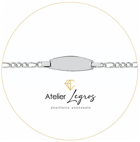 Bijou Gourmette personnalisée bébé bracelet prénom plaque ovale chaîne maille alternée Or blanc 18 carats joaillerie legros bijouterie