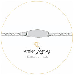 Bijou Gourmette personnalisée bébé bracelet prénom plaque ovale chaîne maille alternée Or blanc 18 carats joaillerie legros bijouterie