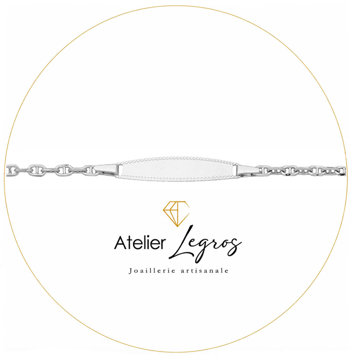 Bijou Gourmette personnalisée bébé bracelet prénom plaque ovale maille forçat marine Or blanc 18 carats joaillerie legros bijouterie