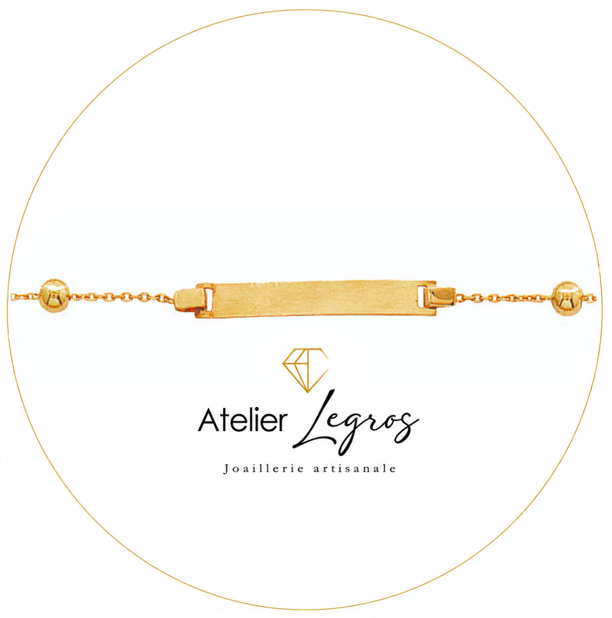 Bijou Gourmette personnalisée bébé bracelet prénom plaque rectangulaire 2,2 cm maille avec boules Or jaune 18 carats joaillerie legros bijouterie