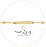Gourmette personnalisée bébé bracelet prénom plaque rectangulaire 2,2 cm maille avec boules Or jaune 18 carats