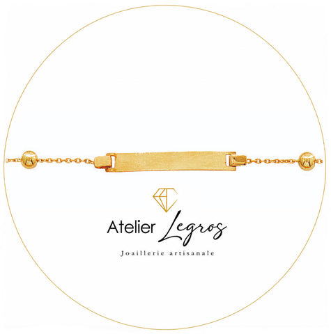 Gourmette personnalisée bébé bracelet prénom plaque rectangulaire 2,2 cm maille avec boules Or jaune 18 carats