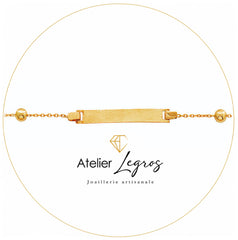 Bijou Gourmette personnalisée bébé bracelet prénom plaque rectangulaire 2,2 cm maille avec boules Or jaune 18 carats joaillerie legros bijouterie