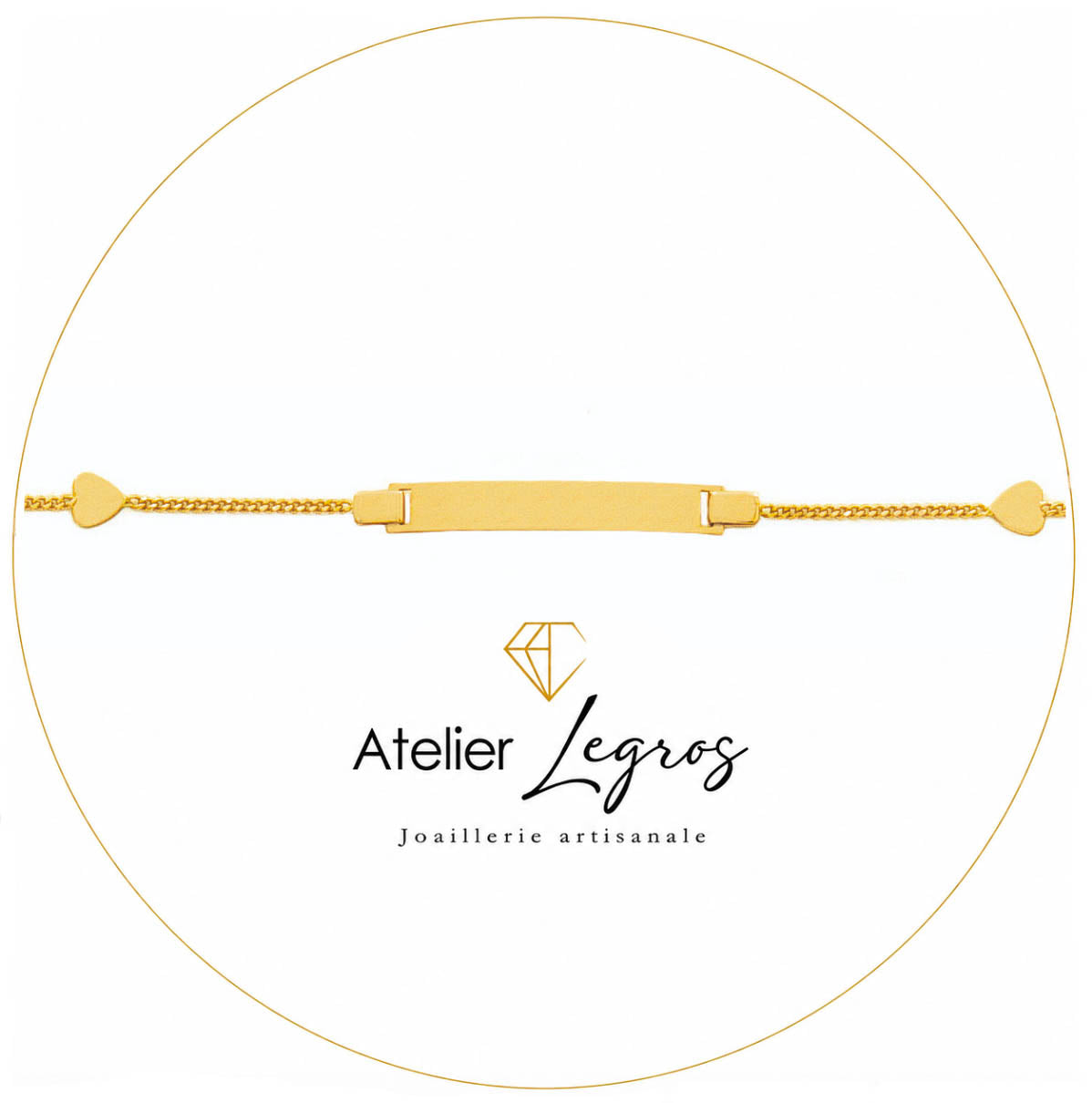 Bijou Gourmette personnalisée bébé bracelet prénom plaque rectangulaire 2,4 cm et motifs cœur en or jaune 18 carats joaillerie legros bijouterie