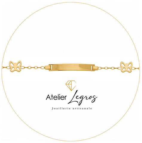 Gourmette bébé en or jaune 18 carats bracelet prénom personnalisé motif papillons