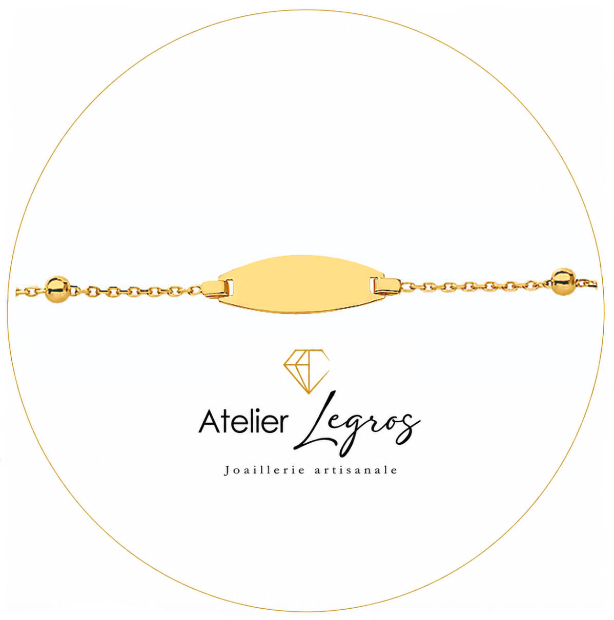 Bijou Gourmette personnalisée bébé bracelet prénom plaque tonneau 1,9 cm maille avec boules Or jaune 18 carats joaillerie legros bijouterie