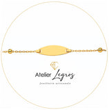 Gourmette personnalisée bébé bracelet prénom plaque tonneau 1,9 cm maille avec boules Or jaune 18 carats