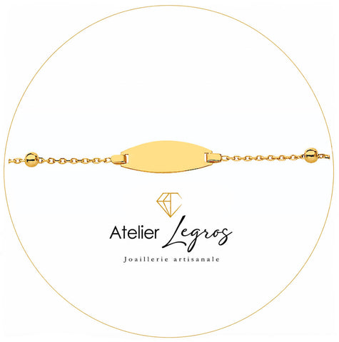 Gourmette personnalisée bébé bracelet prénom plaque tonneau 1,9 cm maille avec boules Or jaune 18 carats