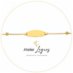 Bijou Gourmette personnalisée bébé bracelet prénom plaque tonneau 1,9 cm maille avec boules Or jaune 18 carats joaillerie legros bijouterie