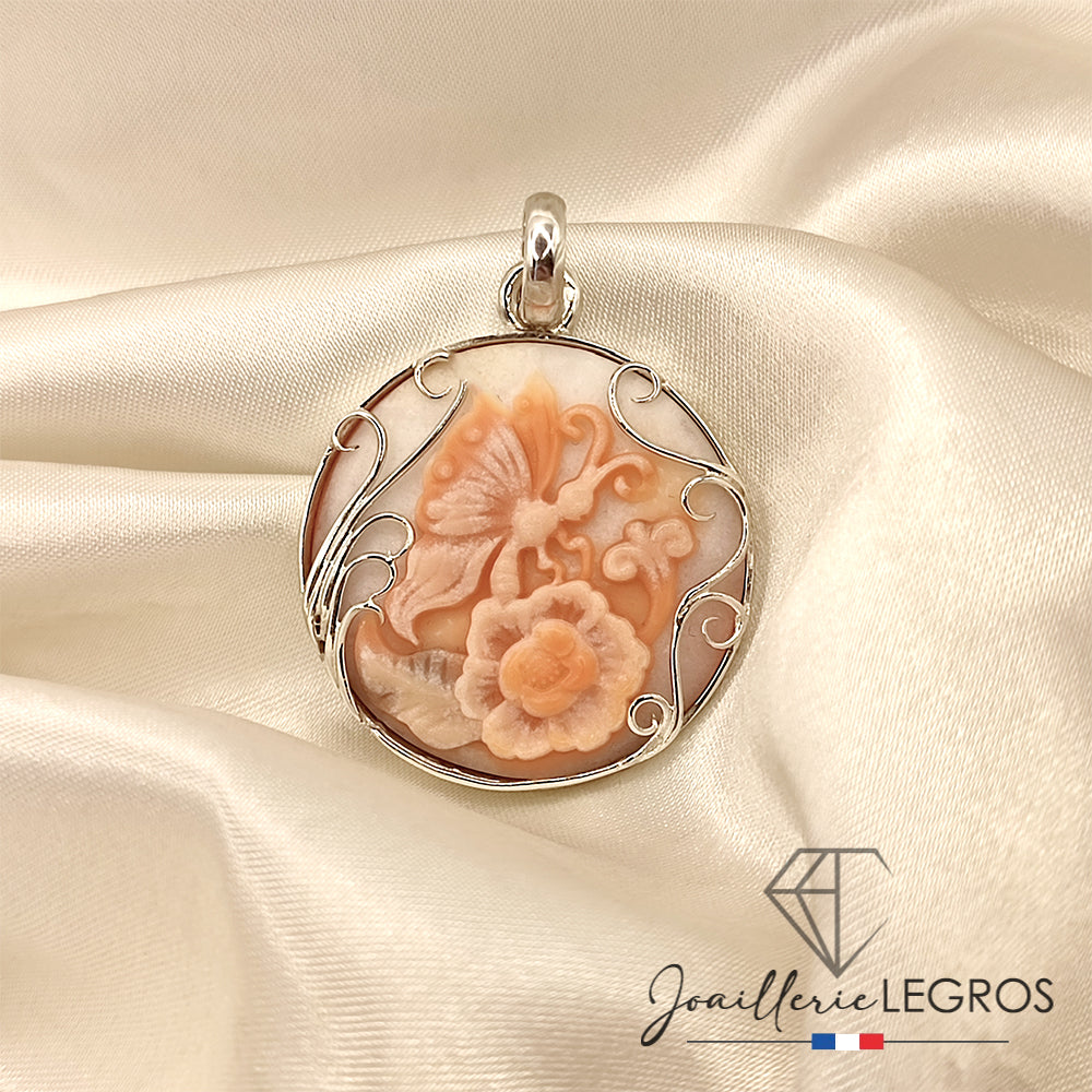 Bijou Pendentif Camée en Coquillage – Papillon et Fleur | Argent 925 joaillerie legros bijouterie