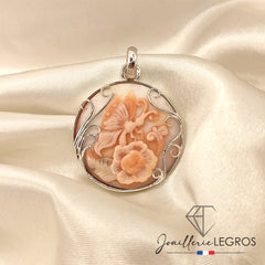 Bijou Pendentif Camée en Coquillage – Papillon et Fleur | Argent 925 joaillerie legros bijouterie