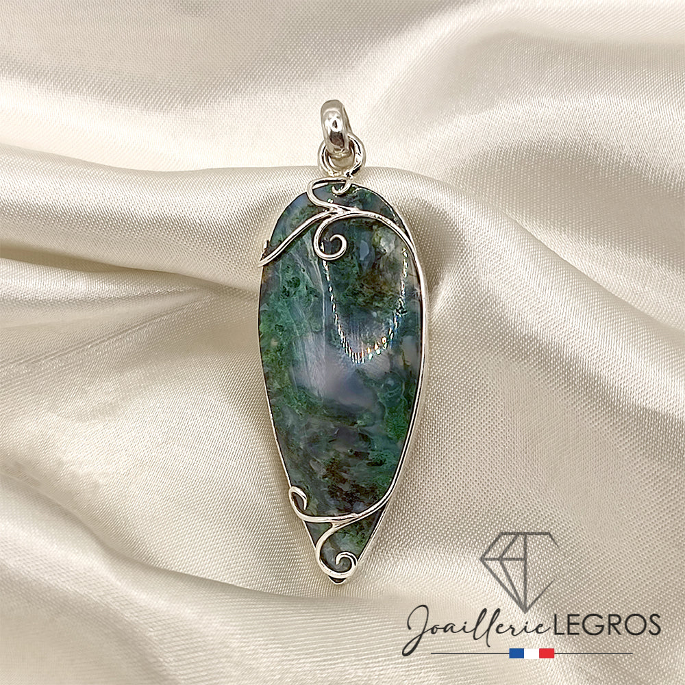 Bijou Pendentif Goutte en Agate Mousse – Argent 925 joaillerie legros bijouterie