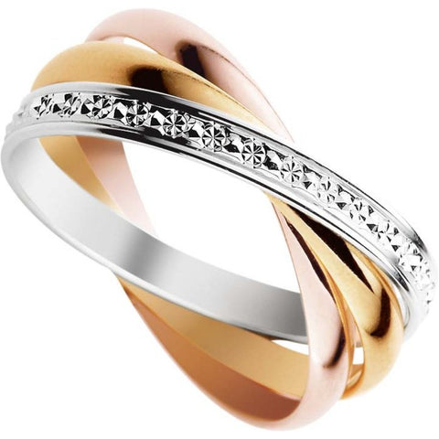 Bijou Alliance 3 ors femme originale à 3 anneaux entrelacés finition diamantée en or jaune, rose et blanc 18 carats joaillerie legros bijouterie