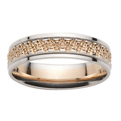 Bijou Alliance femme bicolore moderne à motifs floraux guillochés en or rose et blanc 18 carats joaillerie legros bijouterie