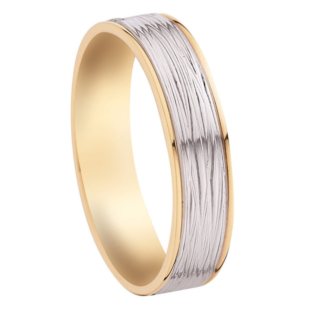 Bijou Alliance homme bicolore 2 ors 18 carats centre strié poli en or blanc palladié et bords en or jaune largeur 5 mm joaillerie legros bijouterie