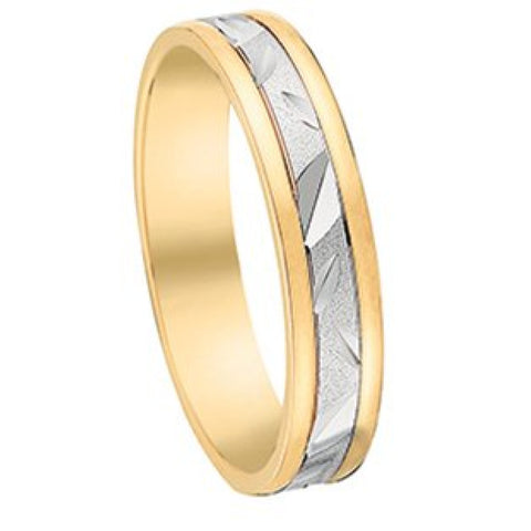 Bijou Alliance mixte bicolore en or jaune et or blanc palladié 18 carats, finition sablée et motifs géométriques, 4 mm joaillerie legros bijouterie