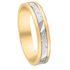 Bijou Alliance mixte bicolore en or jaune et or blanc palladié 18 carats, finition sablée et motifs géométriques, 4 mm joaillerie legros bijouterie