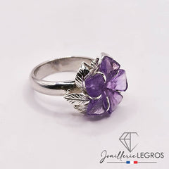 Bijou Bague Fleur améthyste style végétal en argent 925 joaillerie legros bijouterie