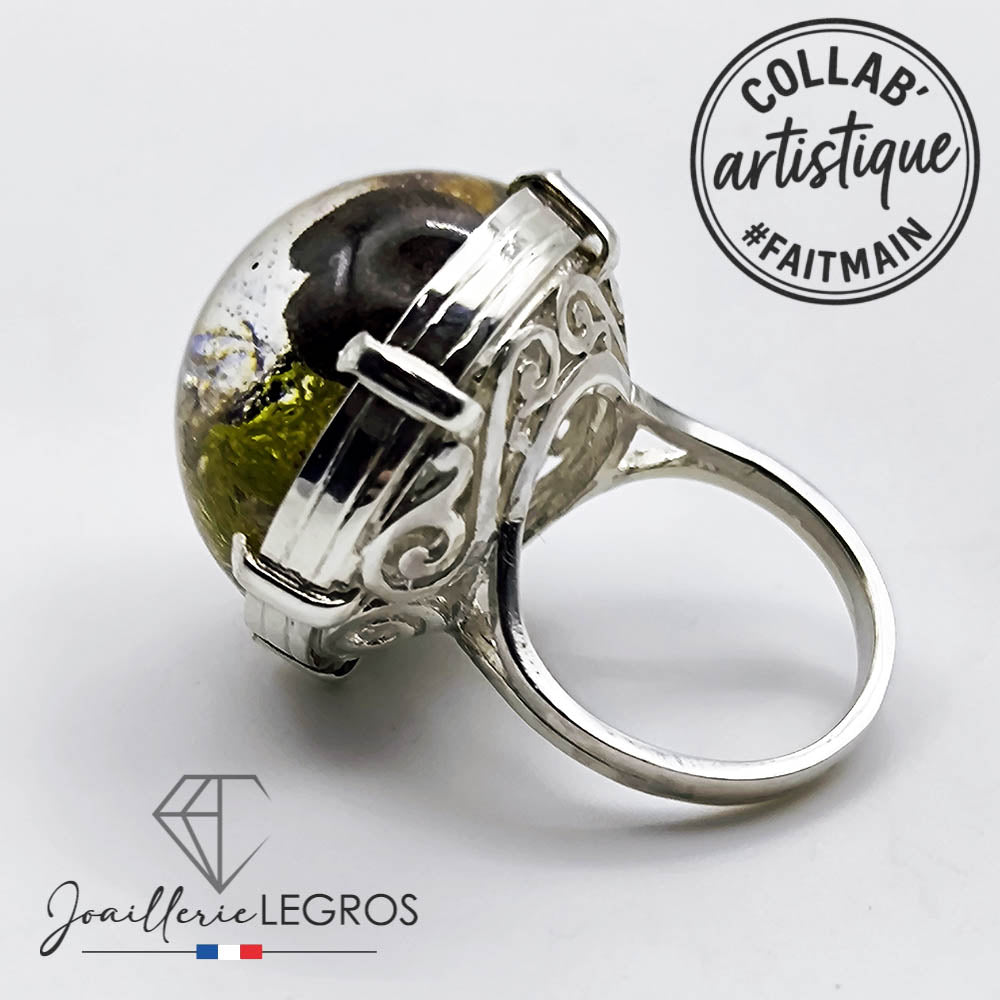 Bijou Bague en résine féerique "Forêt enchantée" monture argent esprit Art Nouveau joaillerie legros bijouterie