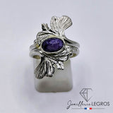 Bijou Bague Gingko en Argent 925 et Charoïte naturelle ovale joaillerie legros bijouterie