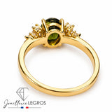 Bague en Or Jaune 18 Carats – Saphir Vert Ovale et Six Diamants