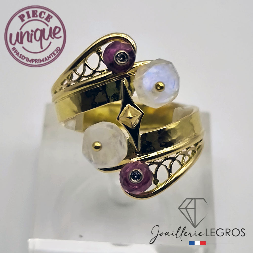 Bijou Bague Tourmalines Pierres de Lune et diamants en or jaune joaillerie legros bijouterie