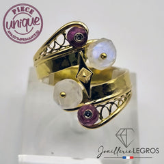 Bijou Bague Tourmalines Pierres de Lune et diamants en or jaune joaillerie legros bijouterie
