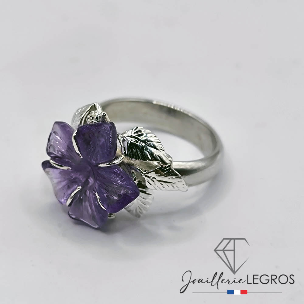 Bijou Bague Fleur améthyste style végétal en argent 925 joaillerie legros bijouterie