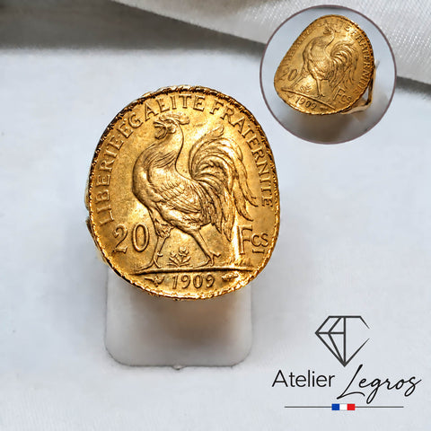 Bague louis d'or coq 20 francs en or 18 carats, revers Marianne