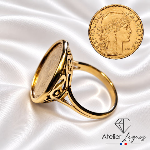 Bague louis d'or Marianne 10 francs femme monture panier