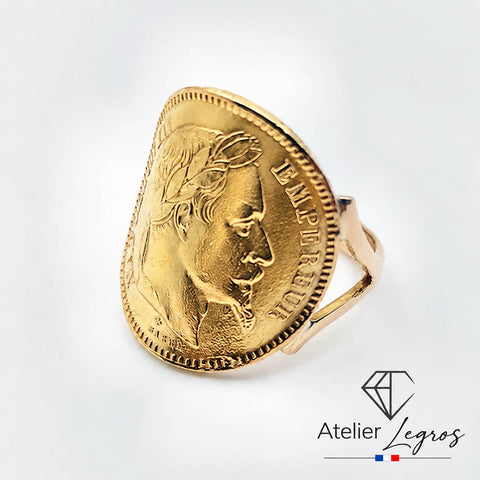 Bague pièce de monnaie 20 F Napoléon en or 18 carats