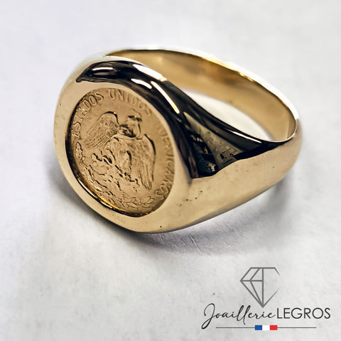 Bague pièce étrangère en or, peso mexicain, chevalière homme et femme