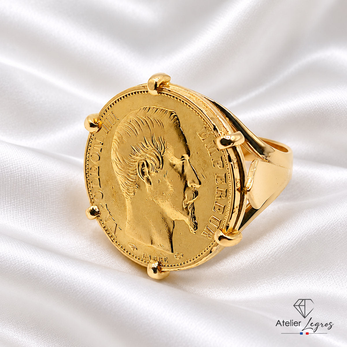 Bijou Bague pièce de monnaie Napoléon Lauré 20F en or 18 carats joaillerie legros bijouterie