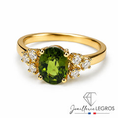 Bijou Bague en Or Jaune 18 Carats – Saphir Vert Ovale et Six Diamants joaillerie legros bijouterie