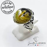 Bijou Bague transparente résine Champignon Nature monture feuille argent 925 joaillerie legros bijouterie