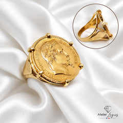 Bijou Bague pièce de monnaie Napoléon Lauré 20F en or 18 carats joaillerie legros bijouterie