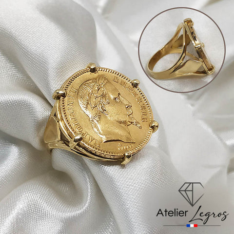 Bague pièce de monnaie Napoléon Lauré 20F en or 18 carats
