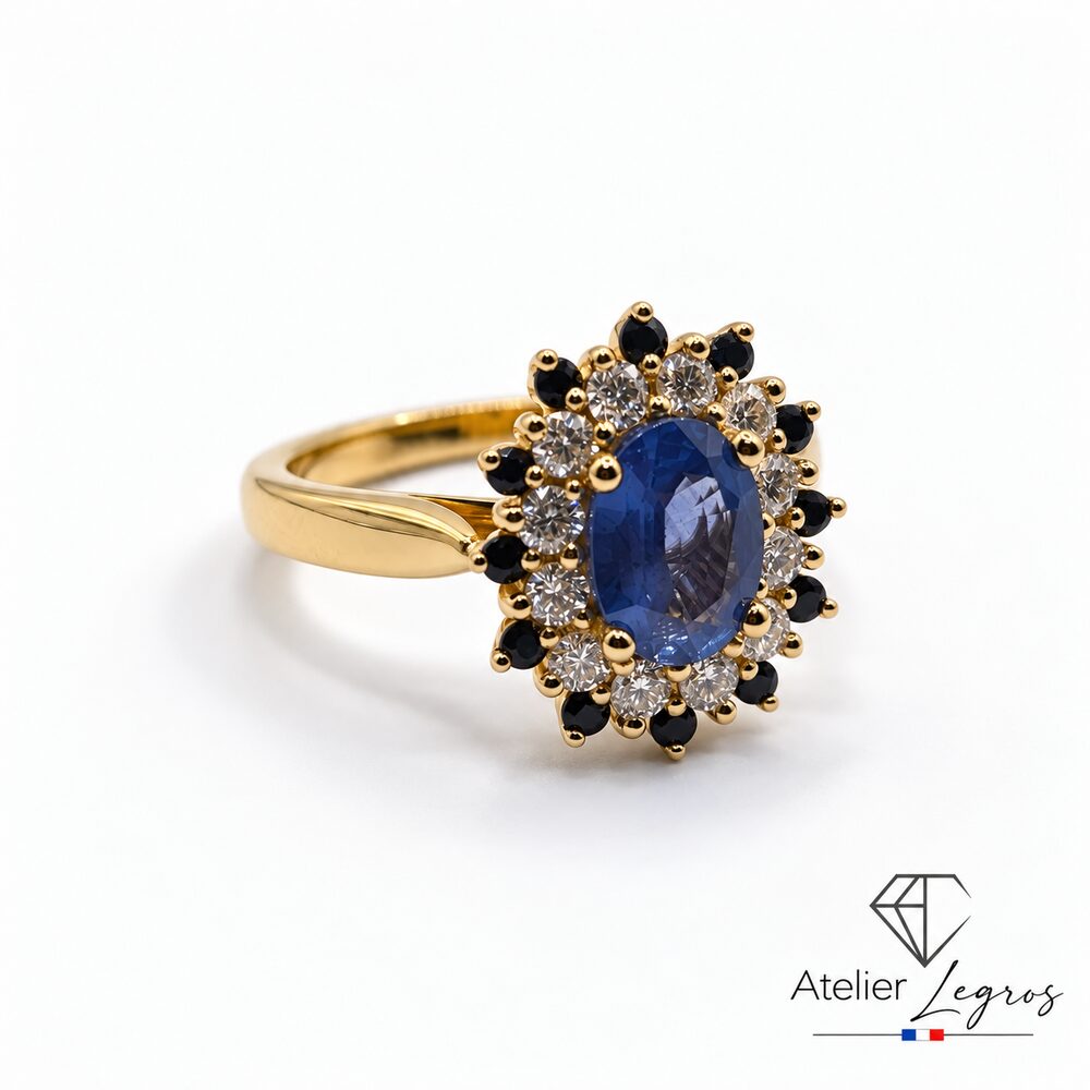 Bijou Bague marguerite saphir et diamants double entourage en or jaune 18 carats joaillerie legros bijouterie