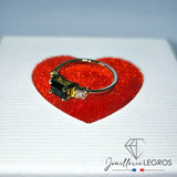 Bijou Bague saphir teal rectangulaire et diamants princesse joaillerie legros bijouterie