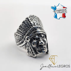 Bijou Bague tête d'indien avec coiffe à plumes en argent 925 joaillerie legros bijouterie