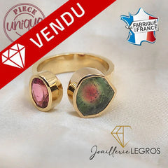 Bijou Bague tourmaline rose et tourmaline melon d'eau en or jaune: Cascade de couleurs joaillerie legros bijouterie